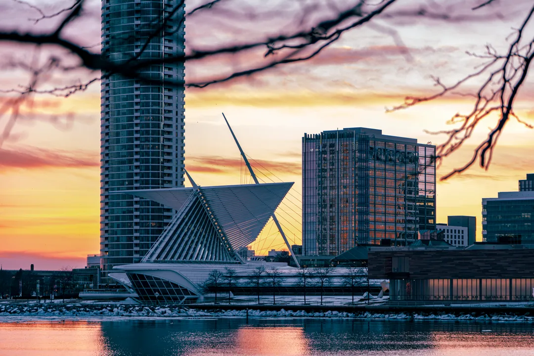 Milwaukee skyline and lakefront at sunset