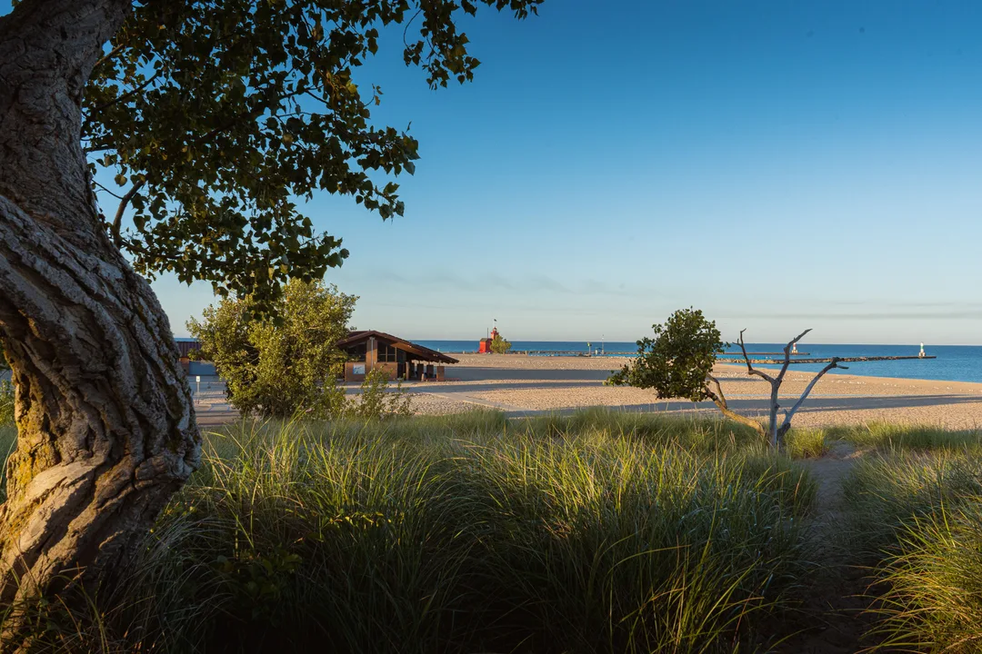 New Buffalo Michigan harbor and Lake Michigan beach