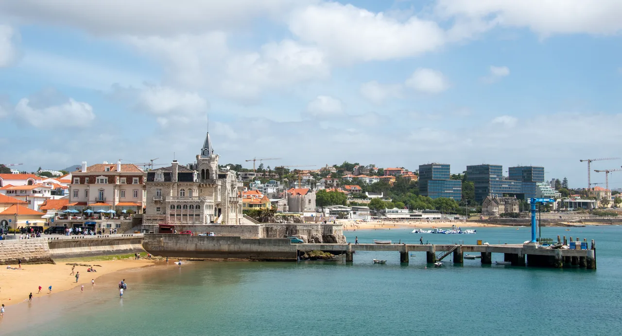 Cascais bay with beach, pier and historic waterfront buildings