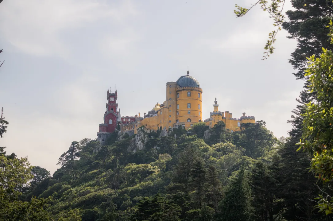 Pena Palace in yellow and red above the forests of Sintra