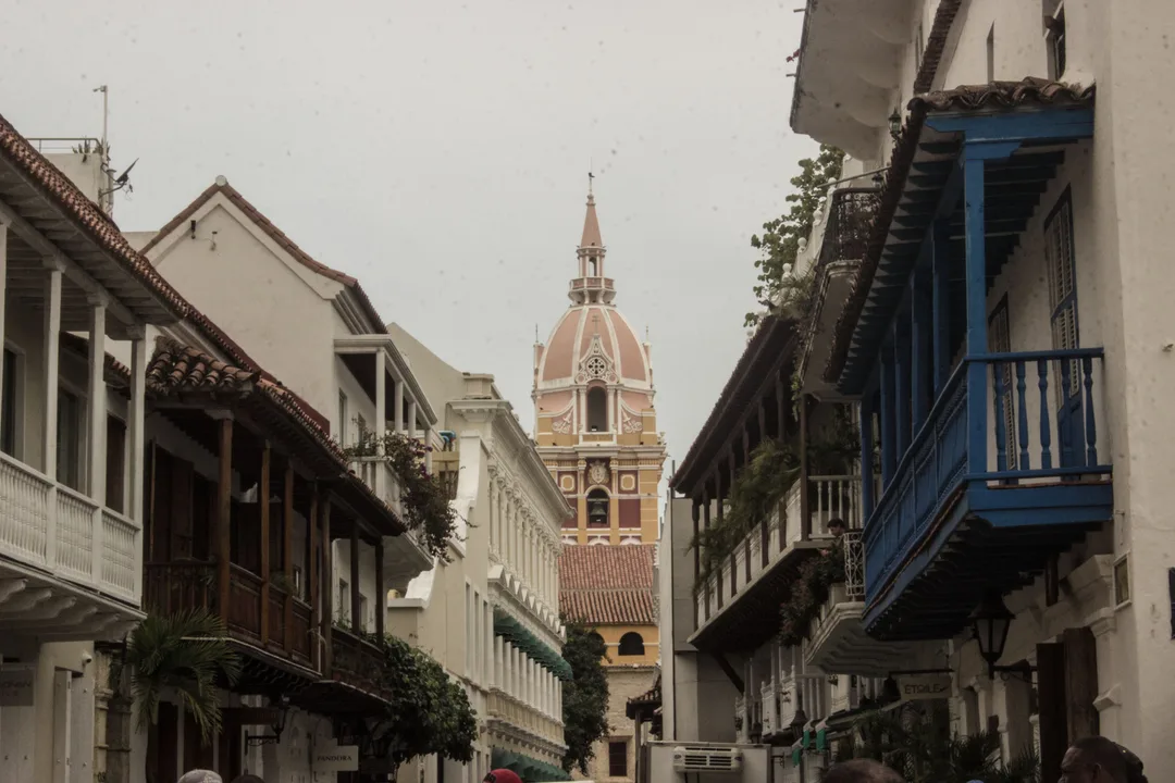 Colorful colonial buildings and a cathedral in Cartagena old town