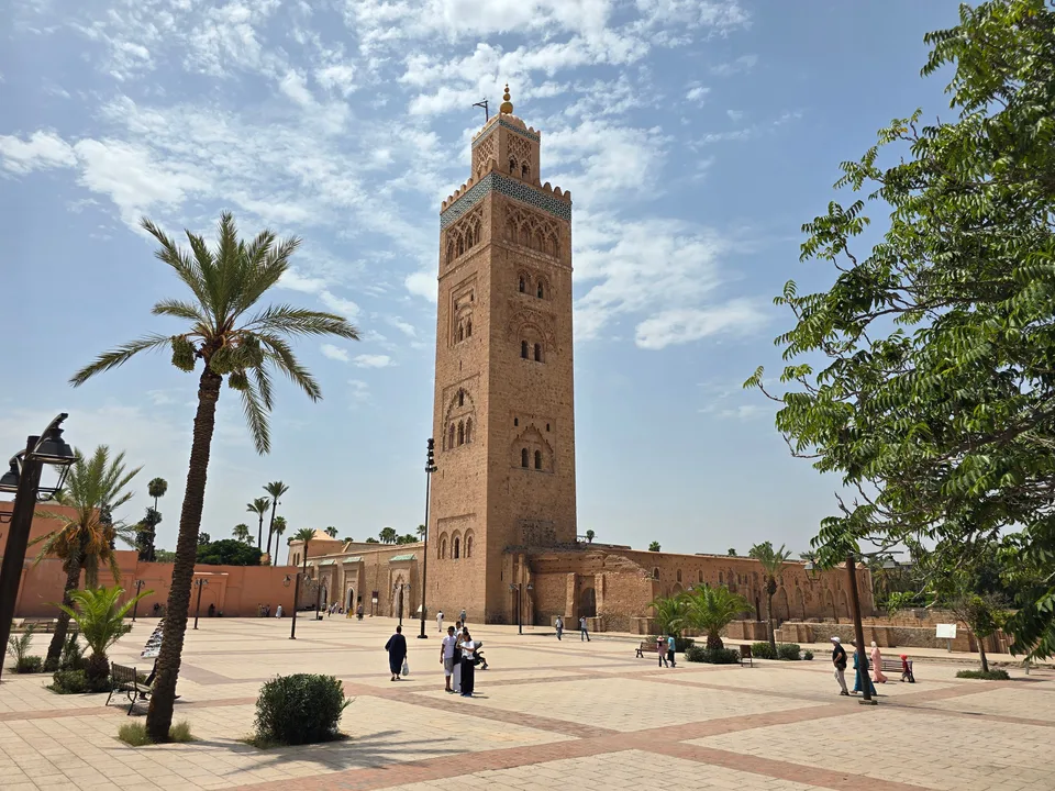 Koutoubia Mosque with its famous minaret in Marrakech under a clear sky