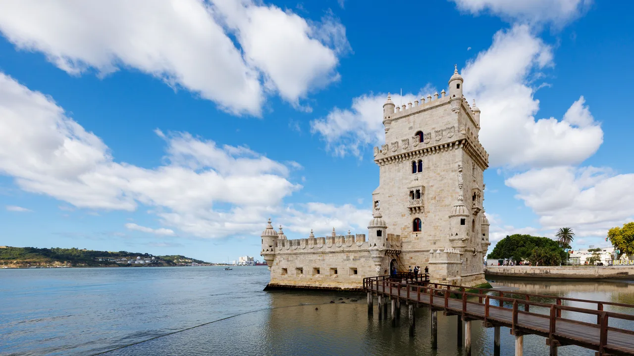 Belém Tower on the Tagus river in Lisbon with its stone ramparts